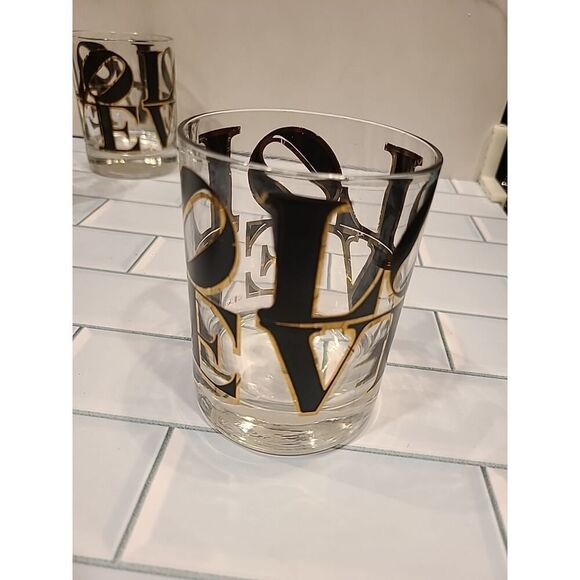 CERA MCM Glass Old Fashioned Rocks Glasses Cocktail Black & Gold 'LOVE' Set of 4 - Picture 16 of 16